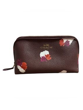 Coach Brown Floral Leather Cosmetic Case with Gold Logo